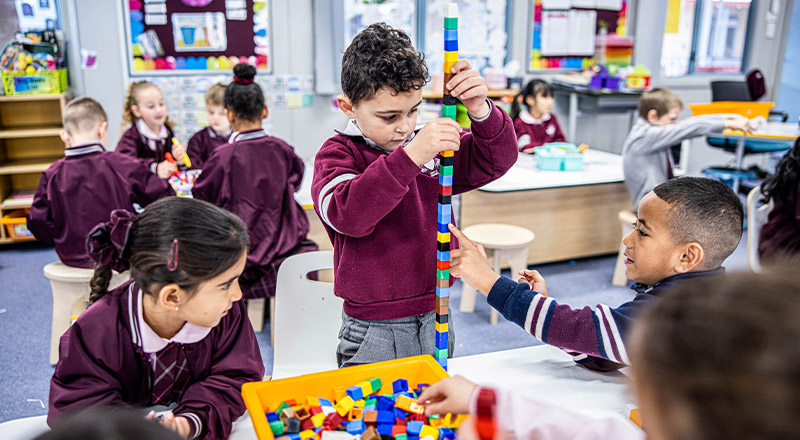 Students playing with blocks in the classroom at Mary Immaculate Primary School Quakers Hill